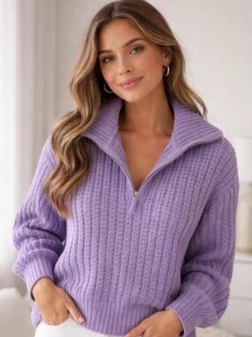 Aerie purple knit quarter-zip mock neck sweater